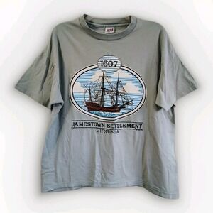 Vintage Jamestown Settlement T Shirt Mens Size L Aqua Green 90s Made In USA‎